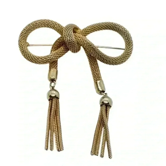 Vintage Gold Mesh Bow Brooch Tassle Waterfall 3D Pin Rolled Gold - Picture 1 of 7